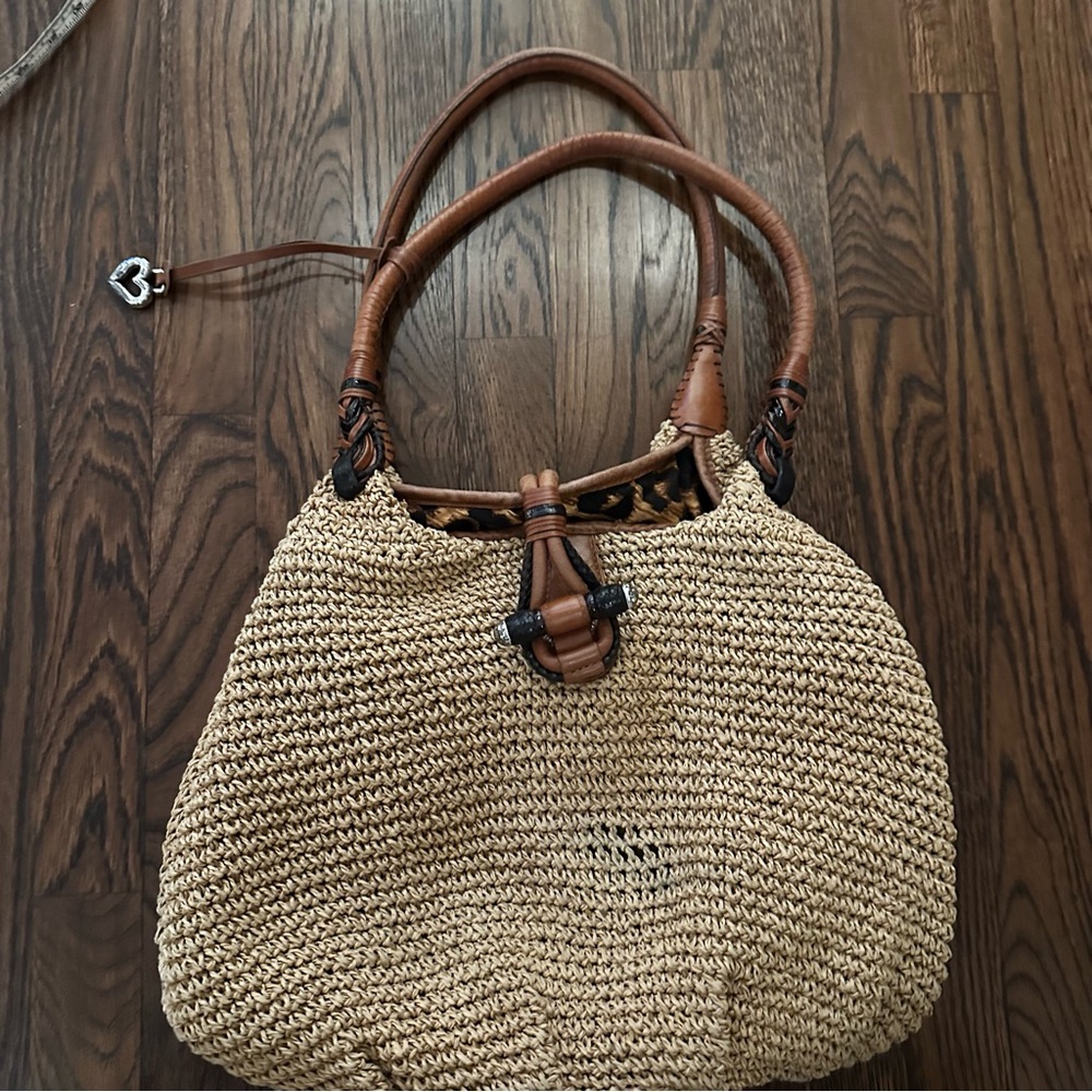 Brighton woven raffia straw and leather shoulder bag boho hobo